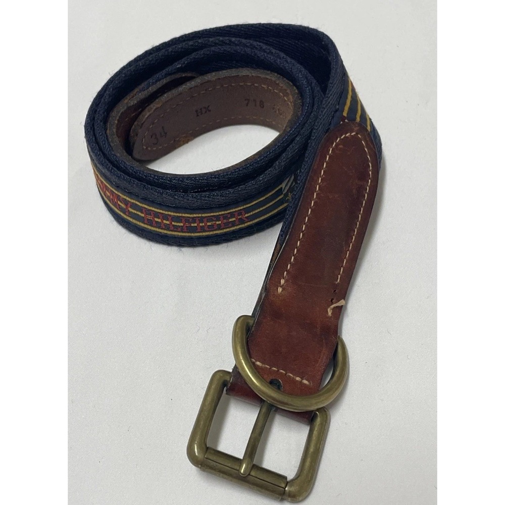 Vintage 1990's Leather Tommy Hilfiger Belt Flags Multi Colored Navy Mens Size 34